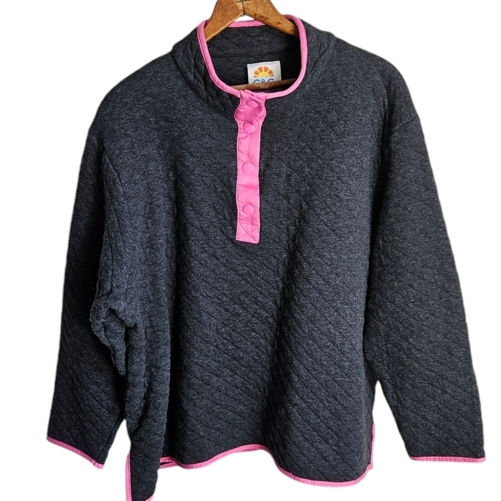 C&C Calif Quarter Snap Textured Wear Everyday Sweatshirt with Pink Trim, Size 2X